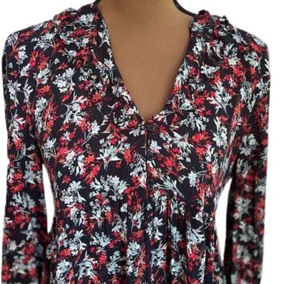 ZARA Flowing Black Long Sleeve Blouse with Red and White Floral Pattern – Small - Picture 2 of 6